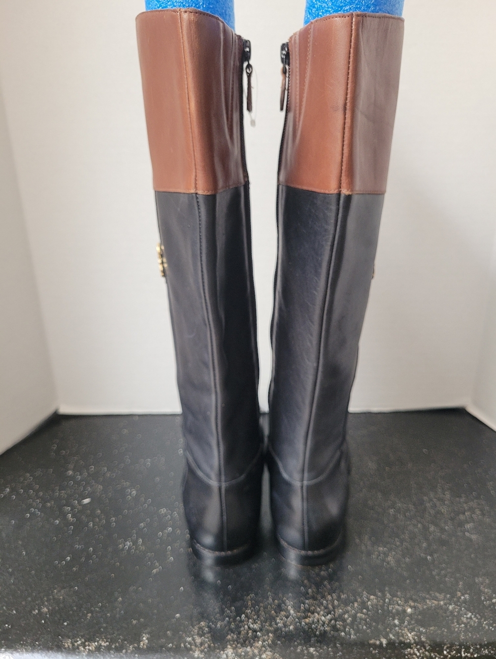 Cole Haan Tall Two-Tone Leather Riding Boots with Gold Detail - Picture 4 of 9